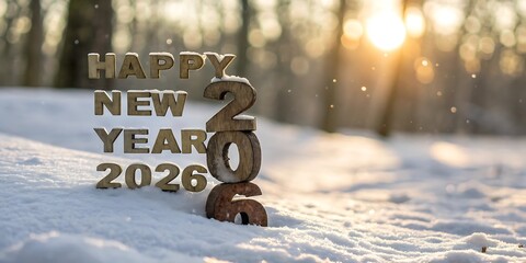 Golden happy new year 2026 text and numbers stand tall in a snowy forest with warm sunlight streaming through the trees