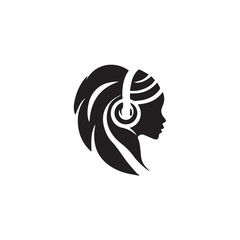 Black Vector Illustration of Woman Wearing Headphone in Clean Minimal Style on White Background