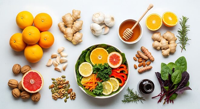 Healthy ingredients and fresh salad bowl for balanced nutrition on white. - Powered by Adobe