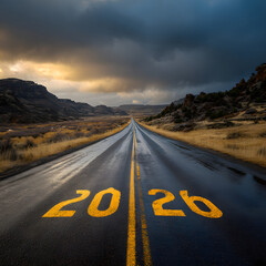 A road to 2026 with mountains and a dramatic sky in the background
