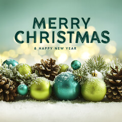 Festive christmas ornaments and pine cones with merry christmas wishes