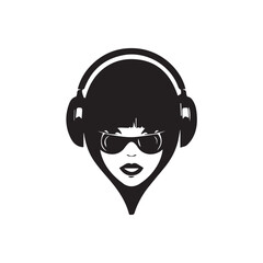Black Vector Illustration of Woman Wearing Headphone in Clean Minimal Style on White Background