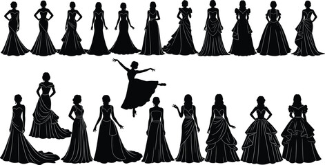 Women gown silhouette illustration, formal dress styles, fashion vector, elegant poses, black design, ballet leap, graceful artwork