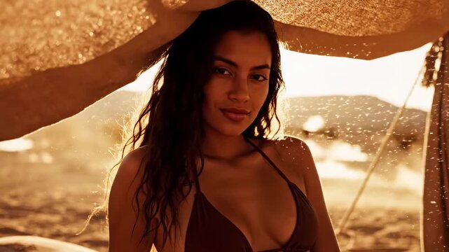 women in micro bikini - Sunlit woman with wet hair and closed eyes relaxes beneath a sunshade on a sandy beach, warm golden-hour glow illuminating her face and rippling fabric above. Sea breezes