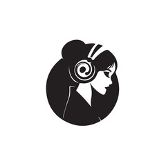 Naklejka premium Black Vector Illustration of Woman Wearing Headphone in Clean Minimal Style on White Background