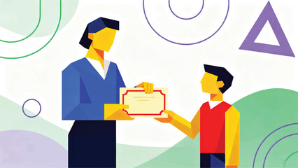 Illustration Of A Teacher Giving Certificates To High-Achieving Students Vector Design Template
