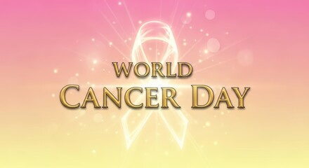 World cancer day celebration with golden text and glowing ribbon on a soft pink and yellow gradient background