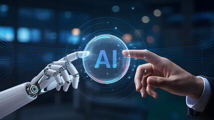 Human and Robot hands interacting with AI interface, illustrating the future of technology and the integration of artificial intelligence