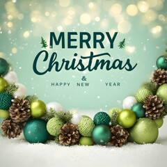 Festive christmas ornaments and pine cones with merry christmas wishes