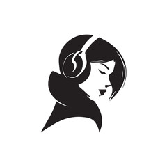 Black Vector Illustration of Woman Wearing Headphone in Clean Minimal Style on White Background