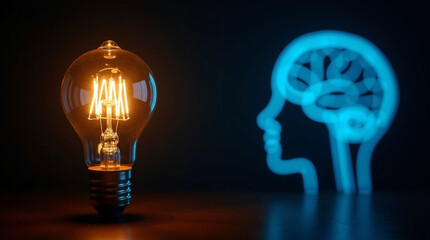 A Brightly Glowing Idea Light Bulb Placed in Front of a Neon Blue Holographic Outline of a Human Brain and Head Silhouette for Innovation and Genius