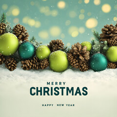 Festive christmas ornaments and pine cones with merry christmas wishes