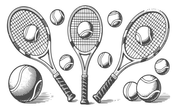 Vintage engraved illustration set of tennis rackets with balls for sports design