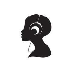 Black Vector Illustration of Woman Wearing Headphone in Clean Minimal Style on White Background