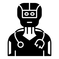 AI Medical Professional Glyph Icon. Robot Wearing a Stethoscope - Concept for Healthcare Automation, Diagnostic Technology, and Robotic Surgery Assistance.