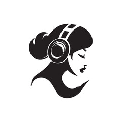 Black Vector Illustration of Woman Wearing Headphone in Clean Minimal Style on White Background