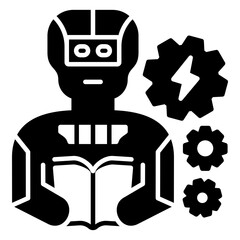 Machine Learning and Knowledge Acquisition Glyph  Icon. Robot Studying a Book with Power-Driven Gears - Concept for Deep Learning, Mechanical Innovation, and Algorithmic Training.