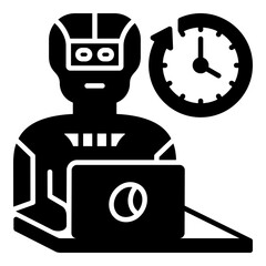 AI Workflow Efficiency and Continuous Automation: Robot Working on a Laptop with Time Cycle Glyph Icon. Concept for Productivity, 24/7 Operations, and Digital Labor