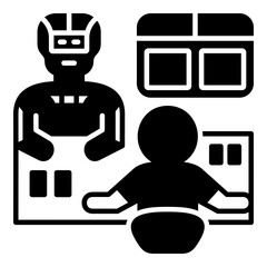 Robot Workplace Oversight Line Glyph Icon. Artificial Intelligence Supervising a Human Worker at a Desk - Concept for Automation of Management, Monitoring, and Digital Supervision