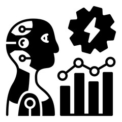 AI Business Intelligence and Data Analytics Glyph Icon. Robot Analyzing Performance Charts and Powering Decisions with Machine Learning Algorithms.