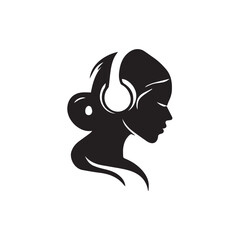 Black Vector Illustration of Woman Wearing Headphone in Clean Minimal Style on White Background