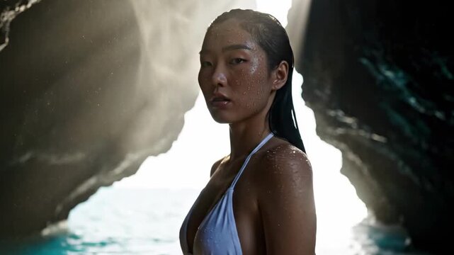 women in micro bikini - A contemplative woman in a wet swimsuit stands in a sunlit sea cave entrance, water droplets glistening on her skin as light filters through rocky openings. And sea hues