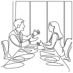 Single one line drawing working together, discussing business. Meeting of colleagues. Cowering, teamwork concept. Continuous line draw design graphic vector illustration.