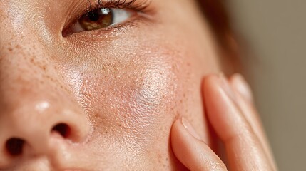 Fototapeta premium Close-up portrait of a woman touching her cheek, highlighting natural skin texture and freckles, depicting beauty and self-care.