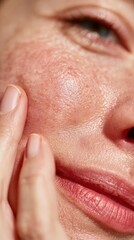 Fototapeta premium Close-up of a woman's face showing skin texture and beauty routine. Focus on skincare, self-care, and healthy living.