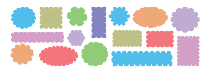 Colorful Geometric shapes with scallop and zigzag edges set. Isolated elements for design of text box, badge, Zig zag edge circle, square, rectangle, round shape collection.