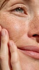 Fototapeta premium A close-up of a woman gently touching her face, showcasing her natural beauty and freckles in a serene moment of self-care.