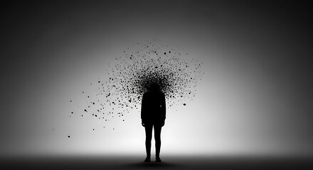 Abstract illustration of mental anguish and burnout, a figure's head shatters from overwhelming pressure and emotional turmoil