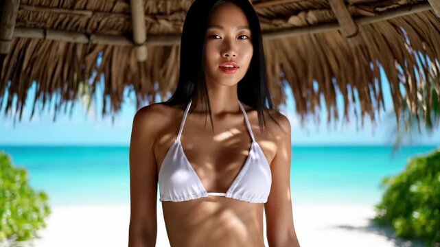 women in micro bikini - Sunlit torso of a woman in a white bikini beneath a thatched umbrella on a tropical shore, turquoise sea and soft white sand, sun-kissed skin and relaxed pose, warm light