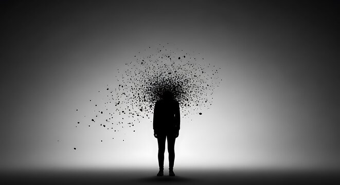 Abstract illustration of mental anguish and burnout, a figure's head shatters from overwhelming pressure and emotional turmoil
