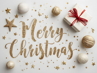 Merry christmas greeting card with gift box isolated on white background