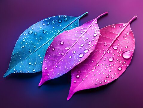 Colorful leaves with shimmering water droplets on a vibrant blue and purple background