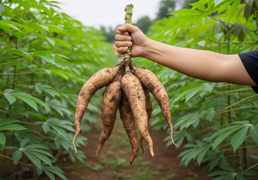 hand holding freshly harvested cassava roots for farming, agriculture promotion, and crop documentation