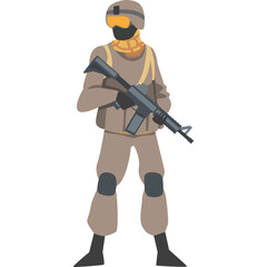 Pixelated soldier in tactical gear holding a rifle standing against a white background with a transparent overlay displaying a figure in tan uniform and orange goggles creating a digital illustration