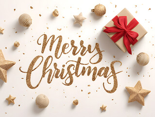 Festive merry christmas greeting card with gift box isolated on white background