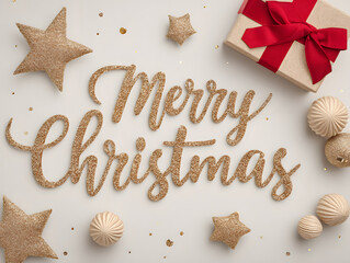 Elegant merry christmas greeting card isolated on white background with gift and stars