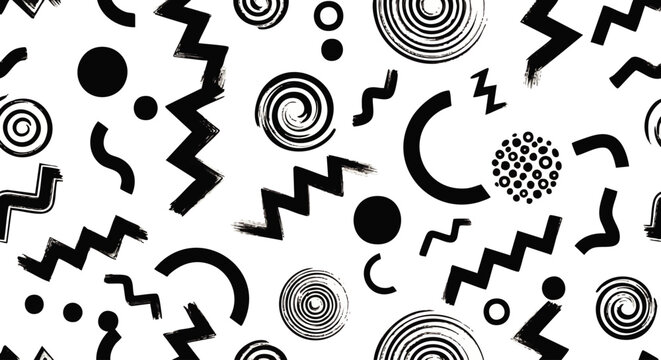 Abstract geometric pattern featuring black circles, zigzags, spirals, and curved shapes on a white background.