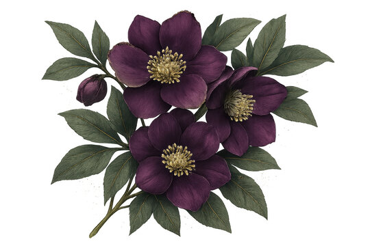 Hellebore flowers blooming, dark purple petals and green leaves creating a beautiful floral illustration on a transparent background