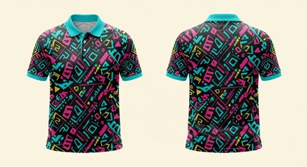 Realistic men's polo shirt mockup featuring checkered flag racing pattern with red accents on a black and grey gradient front and back view.