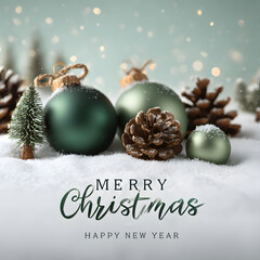 Christmas ornaments and pine cones on snow with bokeh lights for new year card