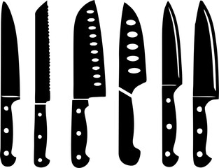 Vintage knives icons. Meat knife, fork, Butcher chef knife. Kitchen Knives Including Chef Paring and Bread Knives Displayed on a Clean White Background. 