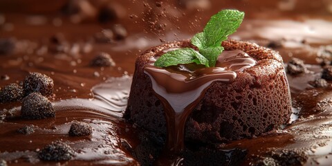 A dessert of molten lava cake with warm chocolate oozing out, served with a sprig of mint