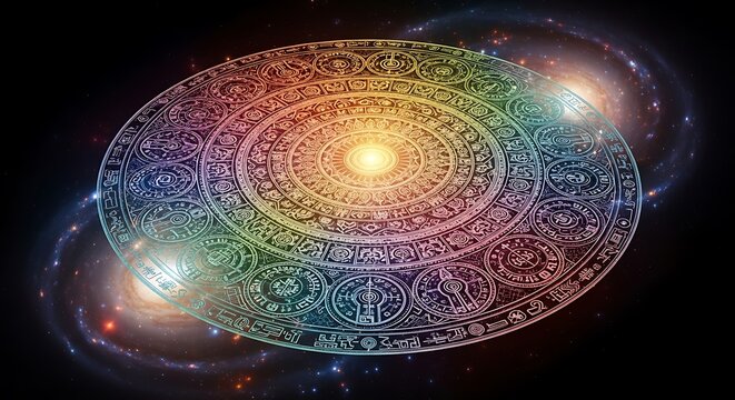 Cosmic celestial wheel with zodiac signs and nebulae, representing astrology and universal interconnectedness in a vibrant spectrum