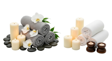 Spa relaxation elements with candles and towels transparent background cutout png