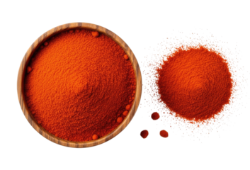 Paprika powder in a bowl and a pile transparent background cutout png