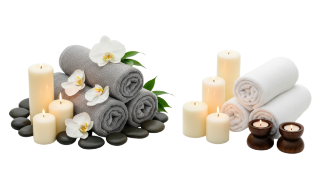 Spa relaxation elements with candles and towels transparent background cutout png